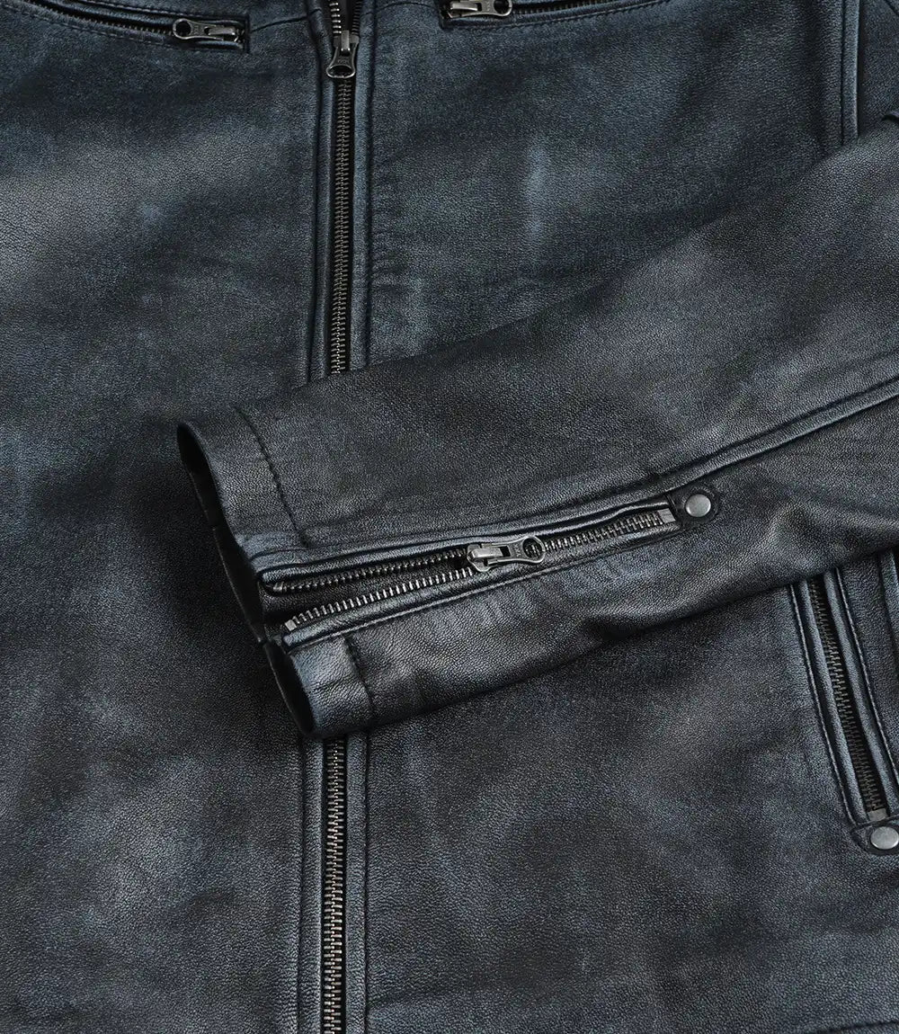 Men's leather jacket details, chest zip pocket close-up