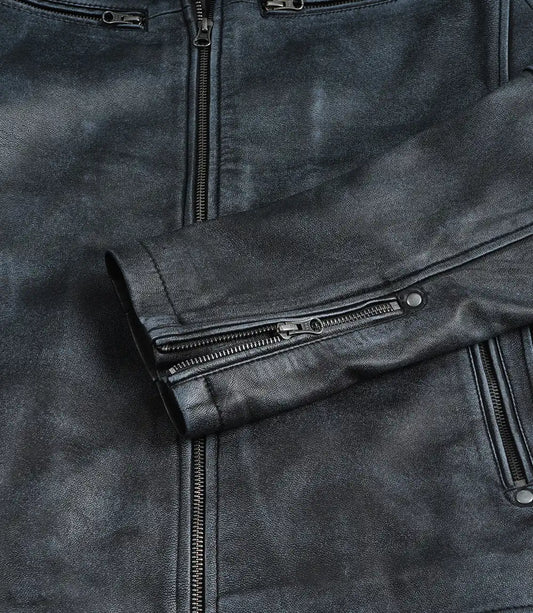 Men's leather jacket details, chest zip pocket close-up