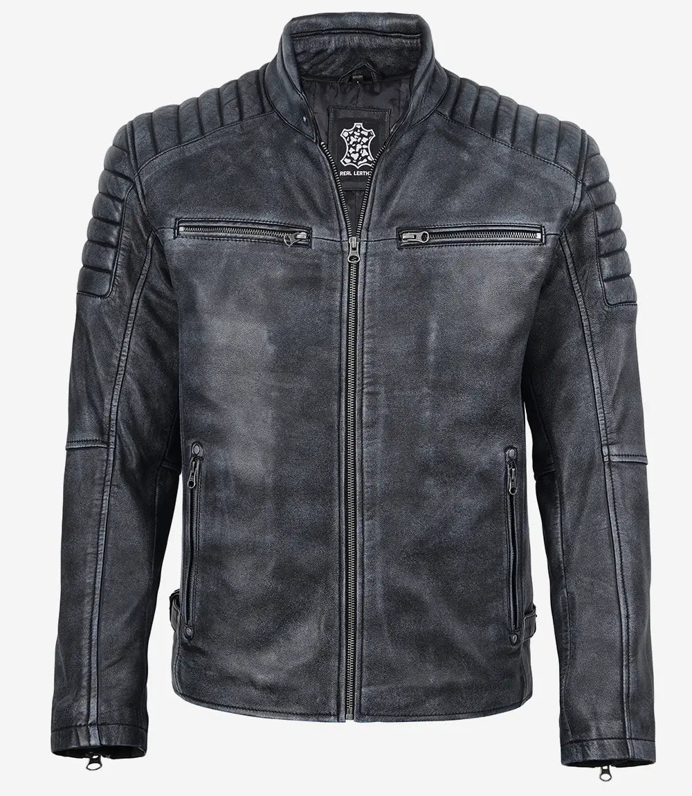 Felix men's washed leather jacket, quilted shoulder detail