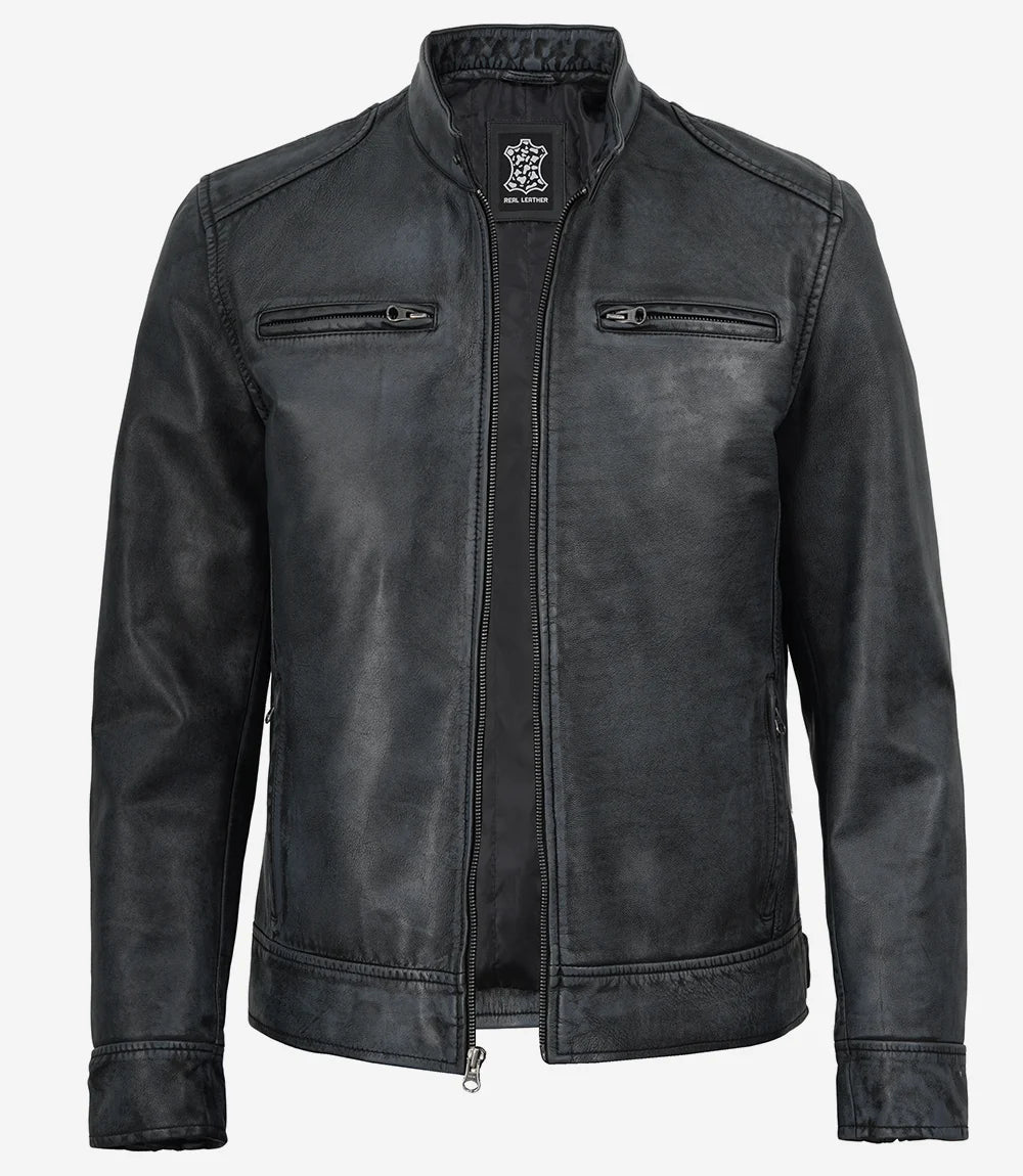 Cole washed leather jacket for men, front detail