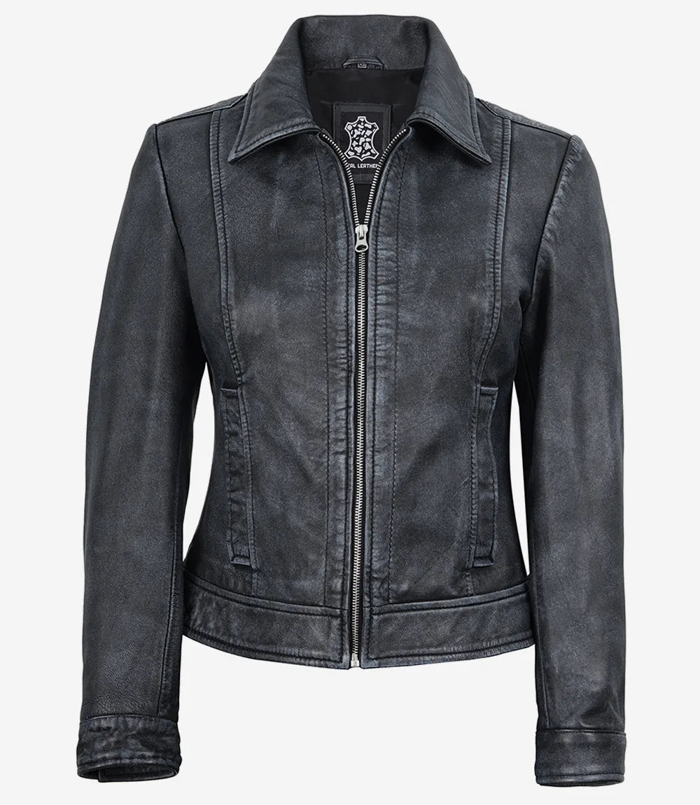 Nora women's black leather jacket by NSM Jackets, front view