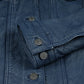 Women's blue leather trucker jacket, front view close-up