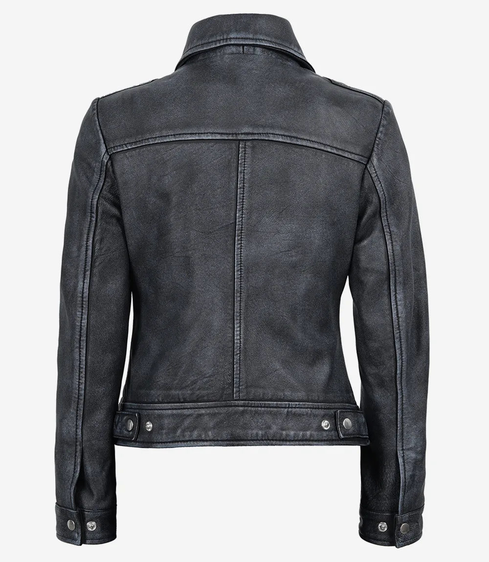 Women's washed leather jacket, spread collar detail
