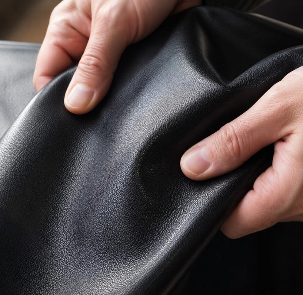 A hand pressing into soft black lambskin leather