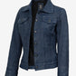 Wren women's blue washed leather trucker jacket, front view