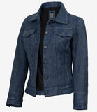 Wren women's blue washed leather trucker jacket, front view
