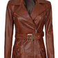 Cognac Women's Brown Belted Biker Leather Jacket - Front Open View