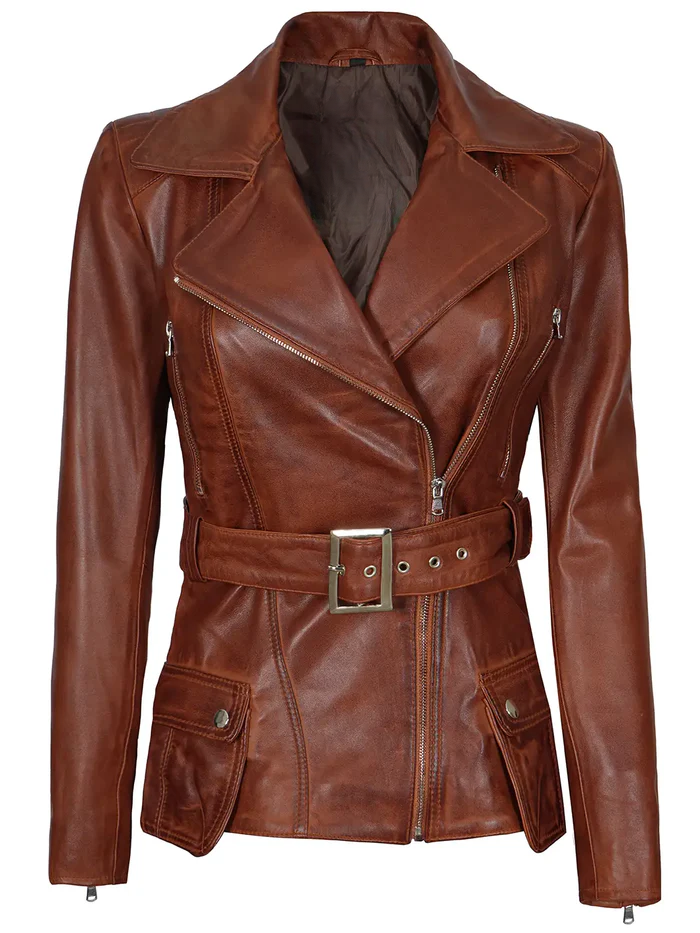 Cognac Women's Brown Belted Biker Leather Jacket - Front Open View