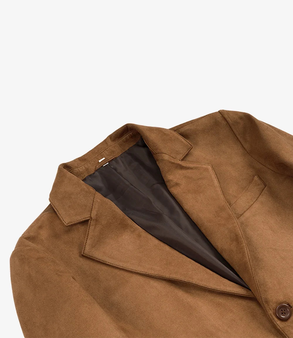 Light brown faux leather blazer, open lapel view