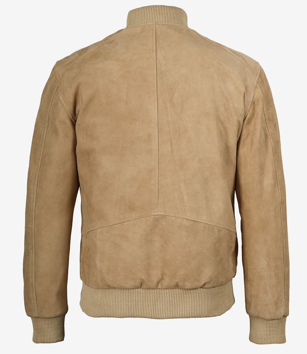 Men's Camel Suede Bomber Jacket - Side View