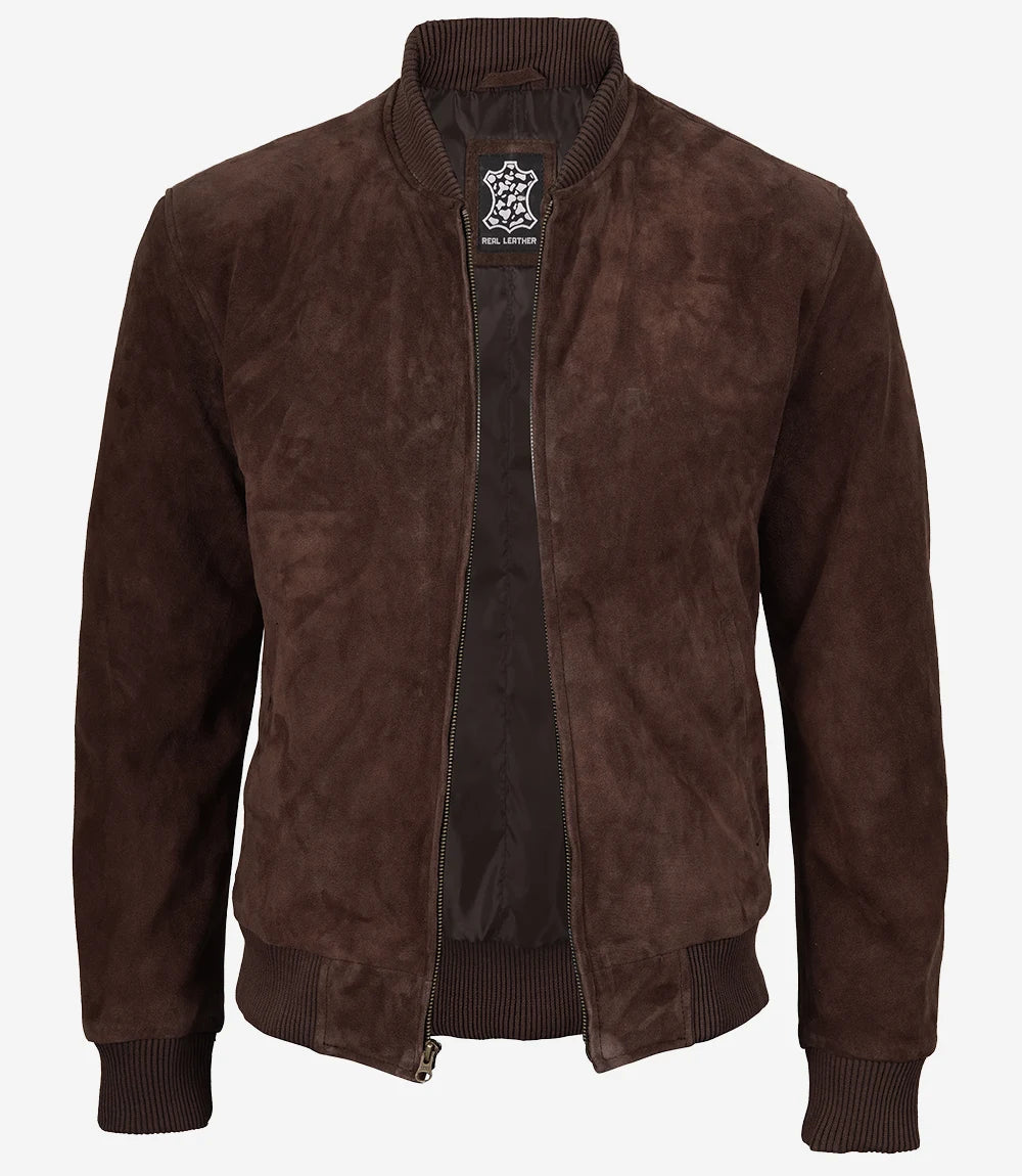 Men's Camel Suede Bomber Jacket - Full Length