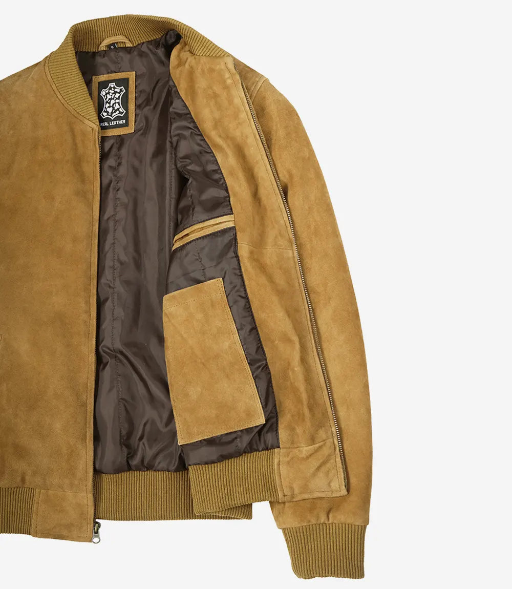 Men's Tan Suede Bomber Jacket - Full Length