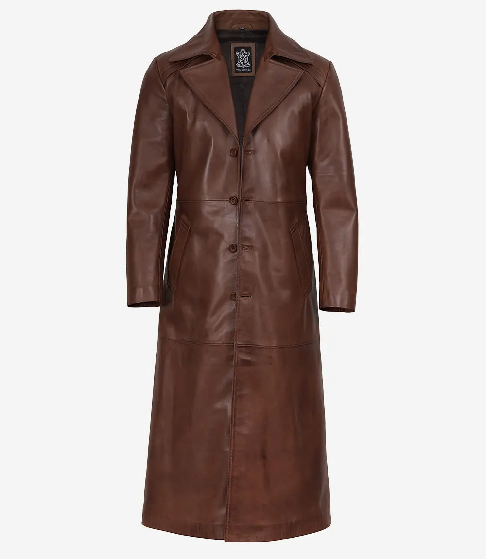 Long brown leather coat for men, front detail