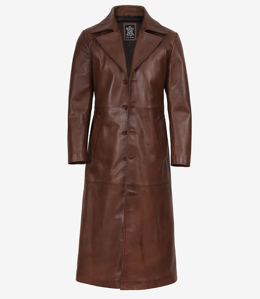 Long brown leather coat for men, front detail