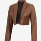 Maren women's brown cropped leather blazer, angled open front view with notch lapels