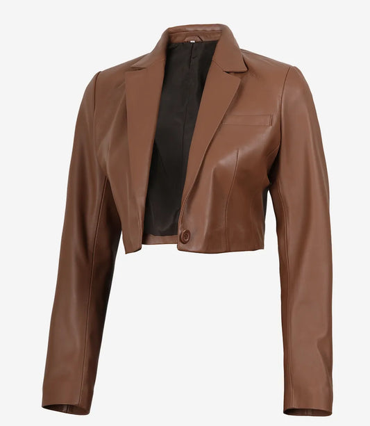Maren women's brown cropped leather blazer, angled open front view with notch lapels