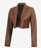 Maren women's brown cropped leather blazer, angled open front view with notch lapels