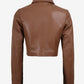 Back of Maren women's brown cropped leather blazer showing centre seam and long sleeves