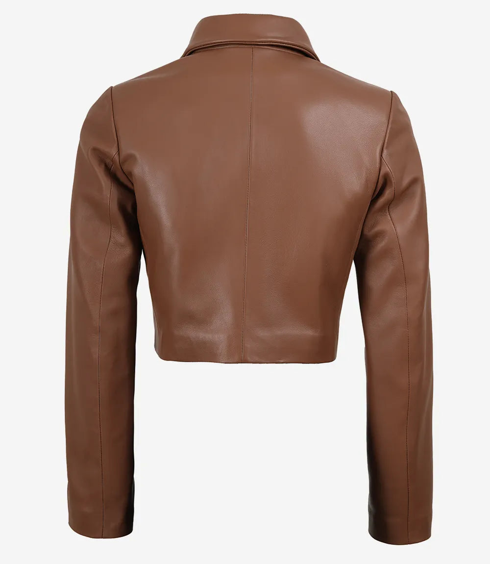 Back of Maren women's brown cropped leather blazer showing centre seam and long sleeves