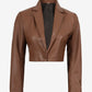 Maren women's brown cropped leather blazer, front view with single button fastened
