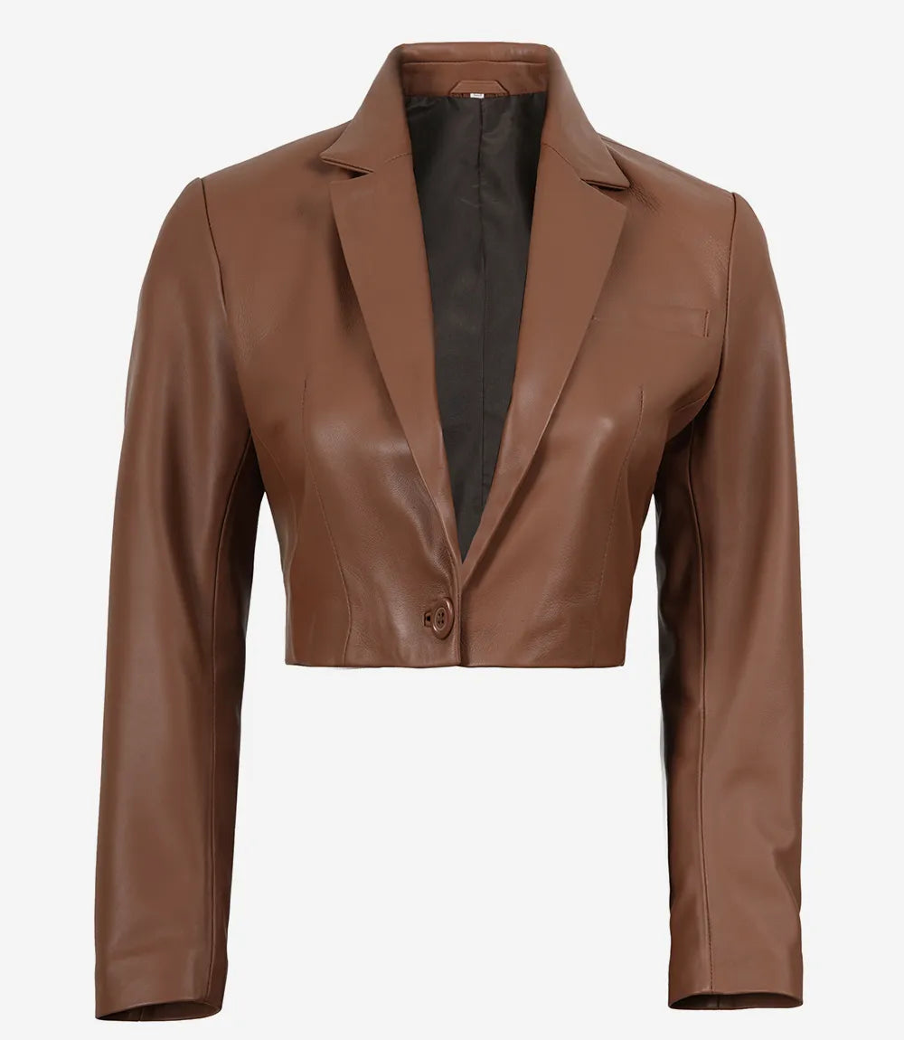 Maren women's brown cropped leather blazer, front view with single button fastened