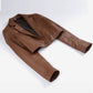 Maren women's brown cropped leather blazer laid flat, showing notch lapels and single-button front