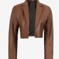 Maren women's brown cropped leather blazer, open front showing dark inner lining