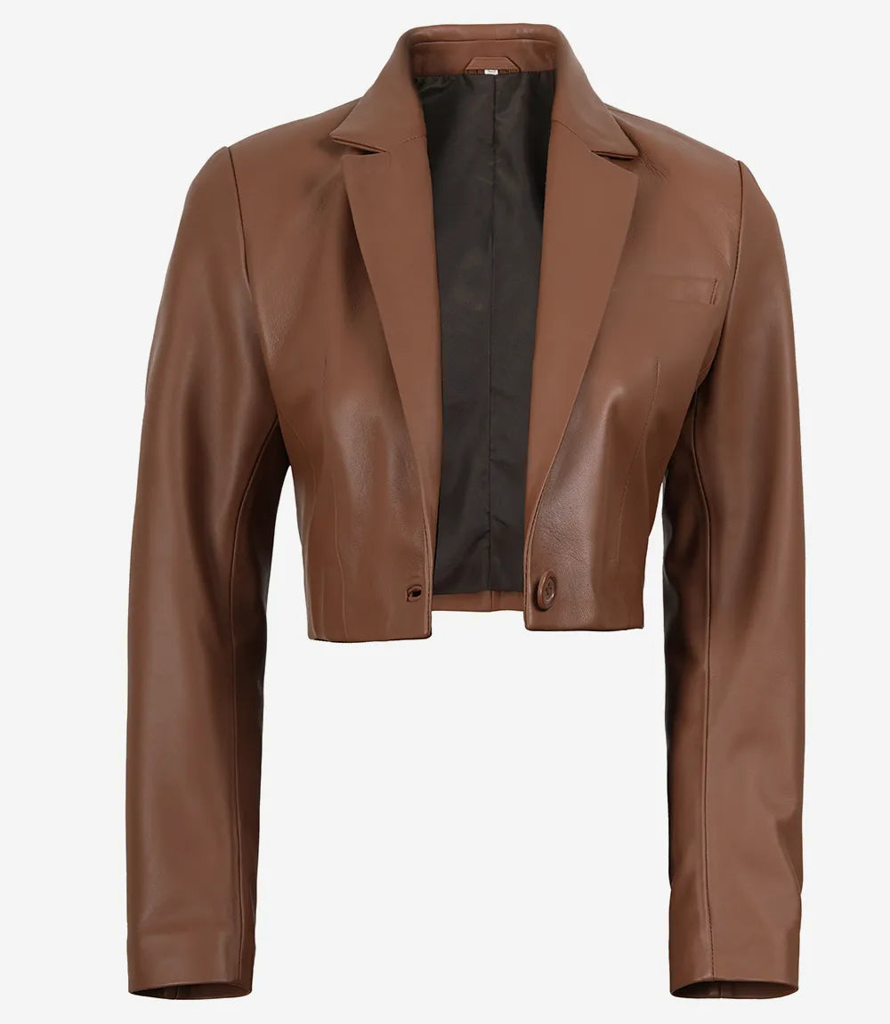 Maren women's brown cropped leather blazer, open front showing dark inner lining