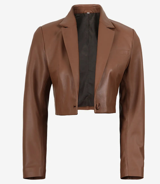 Maren women's brown cropped leather blazer, open front showing dark inner lining