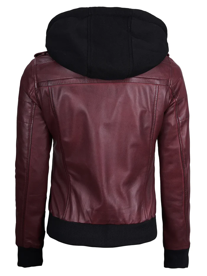 Blaze Women's Maroon Hooded Bomber Leather Jacket - Back View