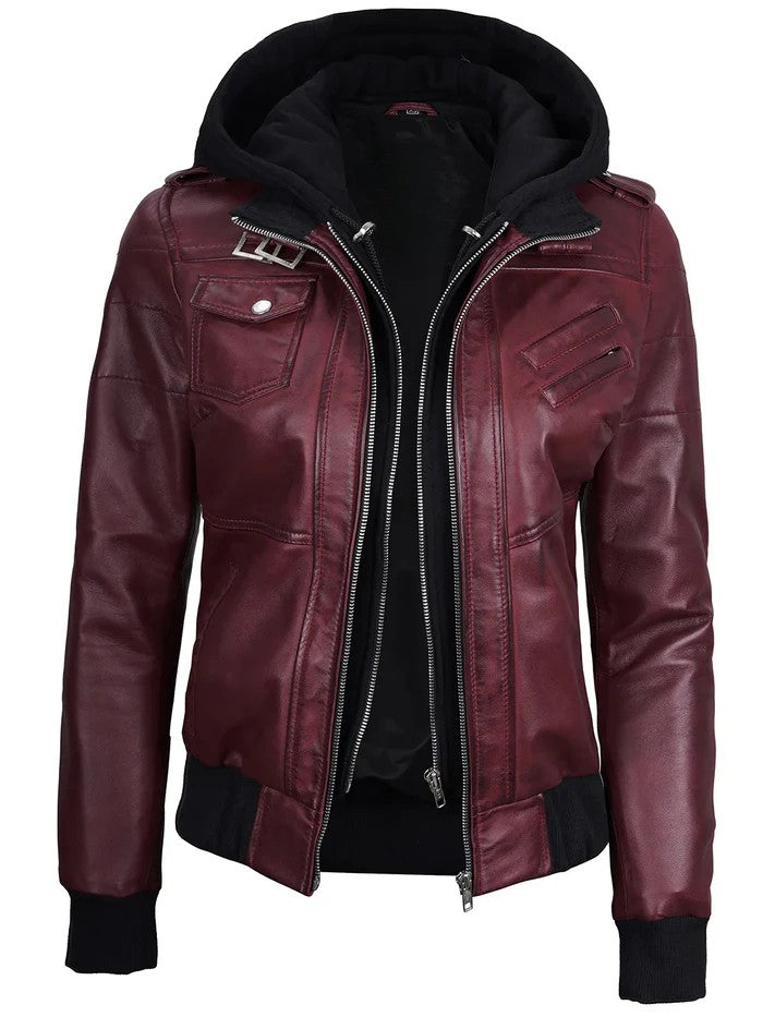 Women’s Maroon Hooded Leather Jacket – Front View