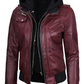 Blaze Women's Maroon Hooded Bomber Leather Jacket - Front View