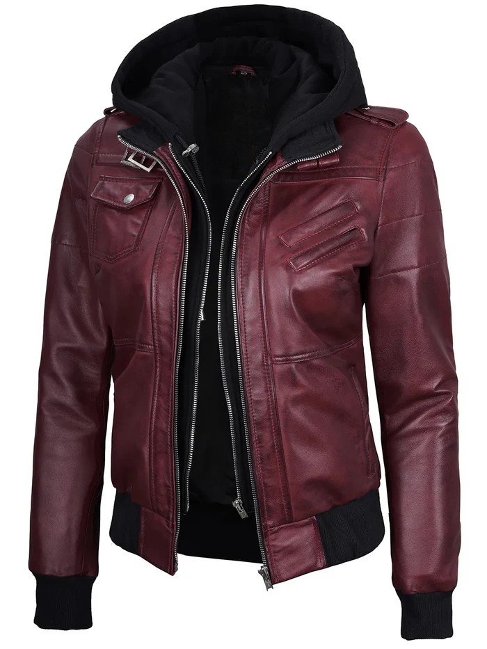 Blaze Women's Maroon Hooded Bomber Leather Jacket - Front View