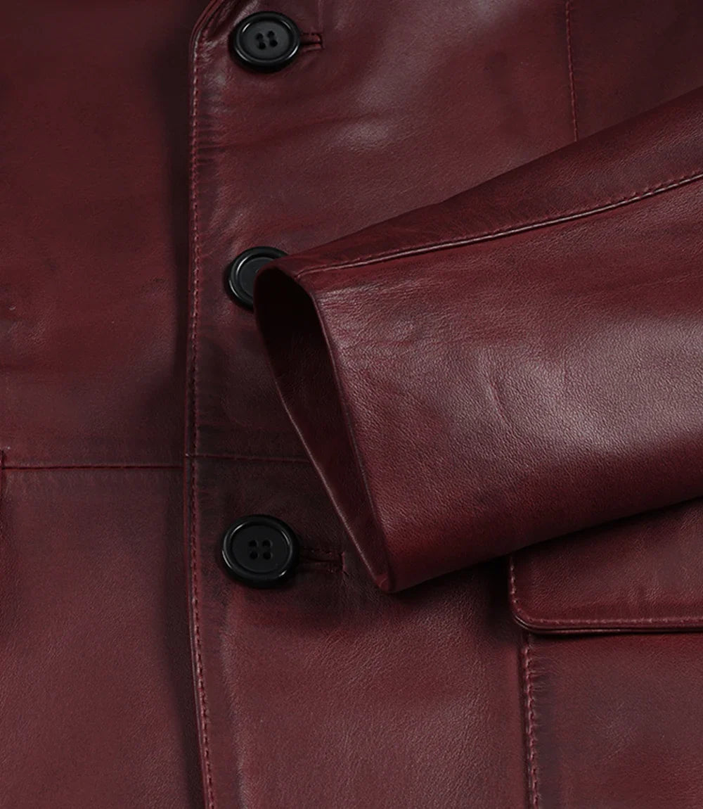 Earl maroon blazer features, zip chest pocket detail