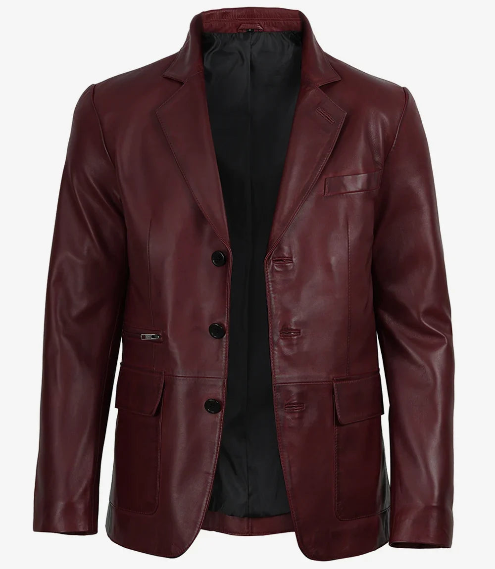Maroon leather blazer for men, front view close-up