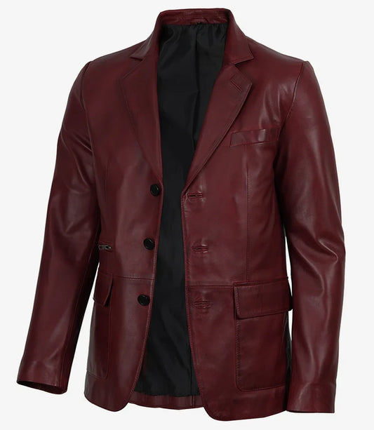 Earl men's maroon lambskin leather blazer, front view, buttoned