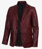 Earl men's maroon lambskin leather blazer, front view, buttoned