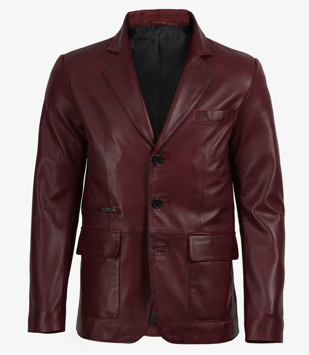 Earl maroon lambskin leather blazer, full front view