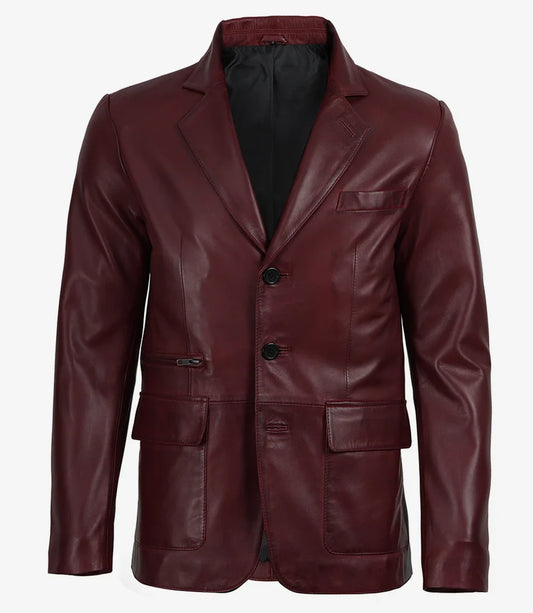 Earl maroon lambskin leather blazer, full front view