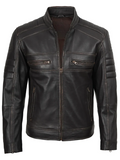 Men's Dark Brown Cafe Racer Leather Jacket in genuine lambskin leather, front closed view