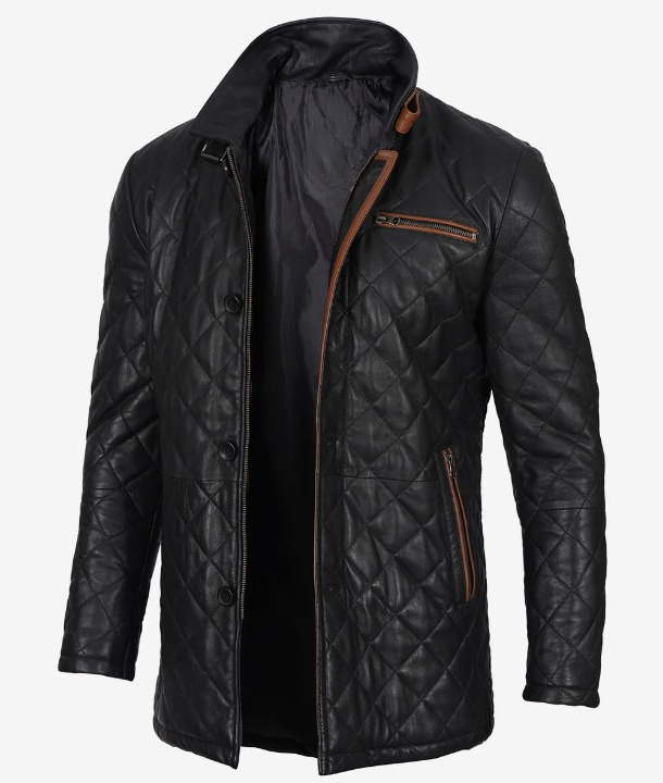 Knight Men's Black Quilted Leather Coat - Front View