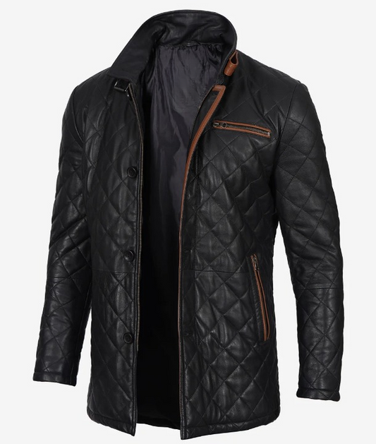 Knight Men's Black Quilted Leather Coat - Front View