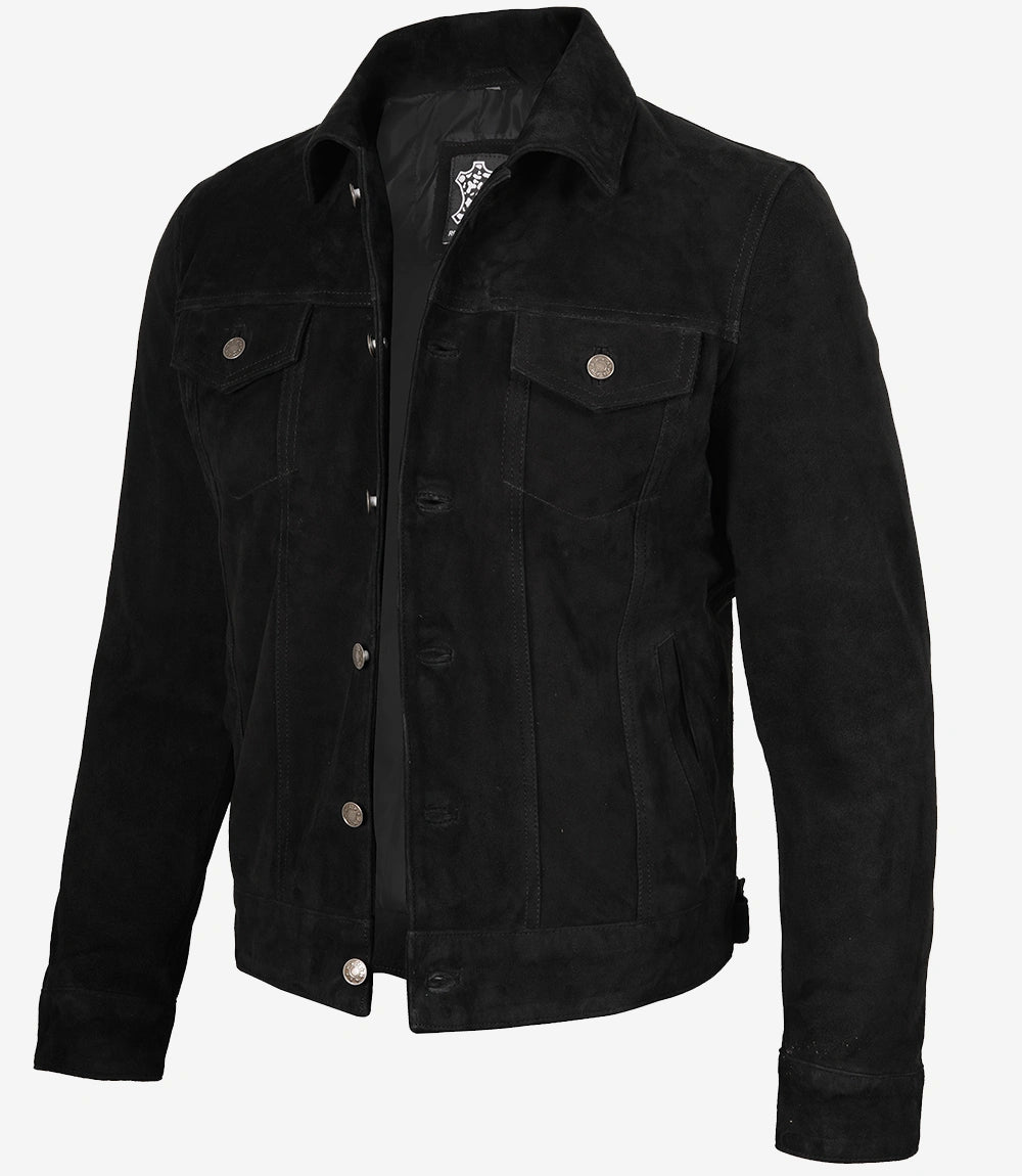Men's Black Suede Leather Trucker Jacket - Front View