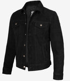 Men's Black Suede Leather Trucker Jacket - Front View