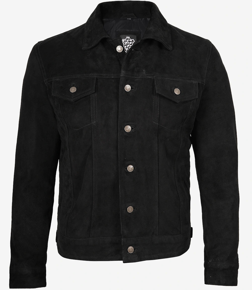 Men's Black Suede Leather Trucker Jacket - Open View