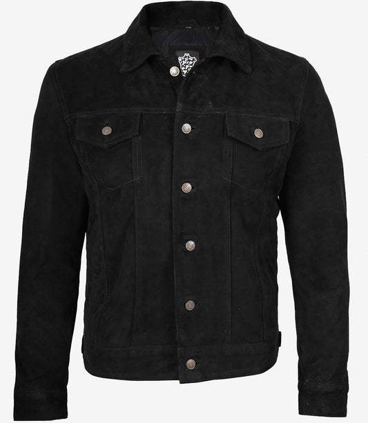 Men's Black Suede Leather Trucker Jacket - Open View