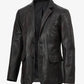 Duke men's black leather blazer, full front view with notch lapel
