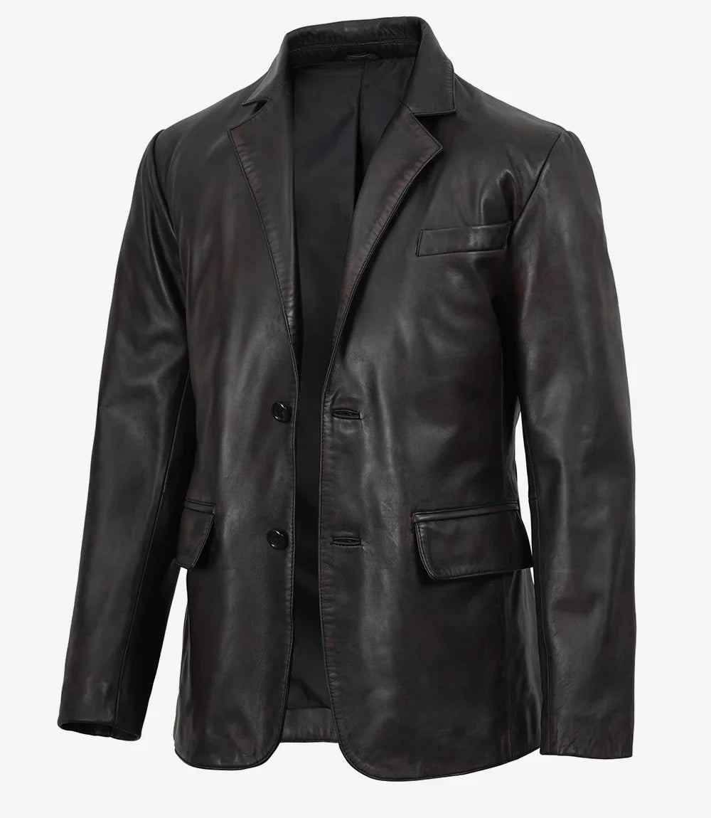 Duke men's black leather blazer, full front view with notch lapel