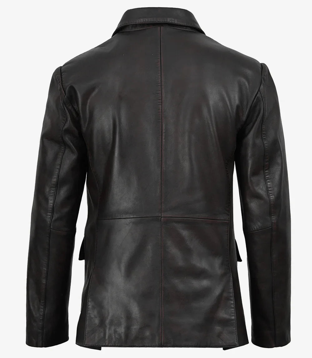 Men's black leather blazer by NSM Jackets, flap pocket detail
