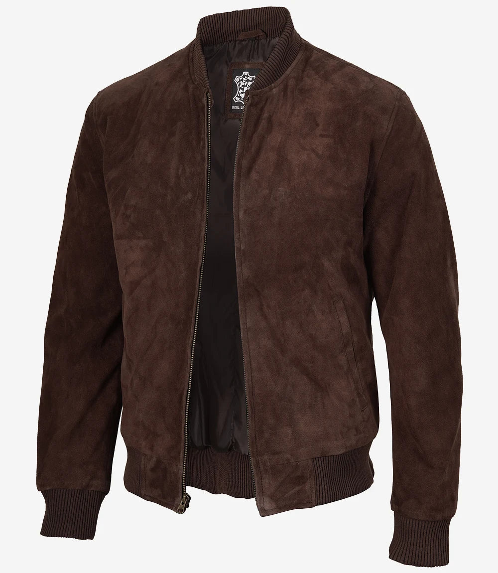Men's Camel Suede Bomber Jacket - Front View